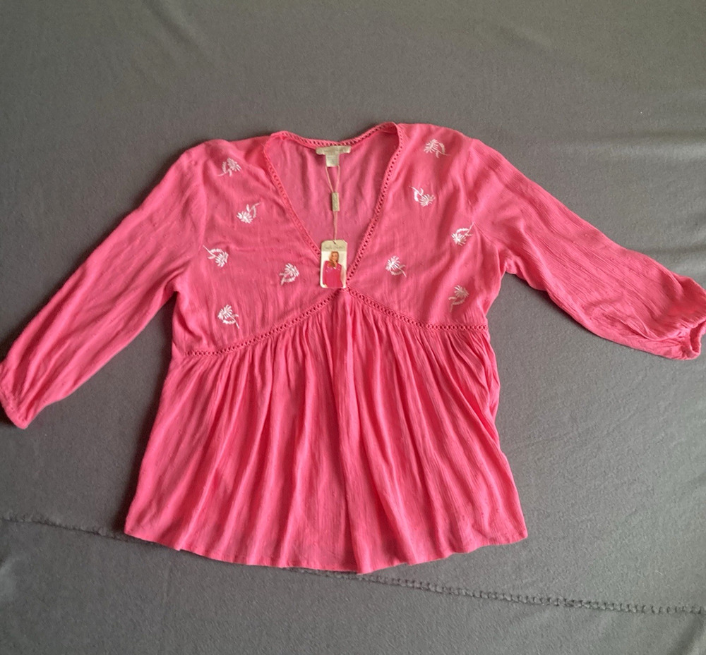 Charlie Paige Hot Pink V-Neck Babydoll Top Women's Small Modal Embroidered NWT